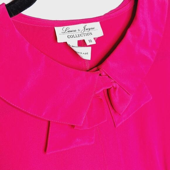 Vintage 90s Laura & Jayne 100% Silk Blouse Top Bow Peter Pan Collar Fuchsia 10 - Picture 2 of 11